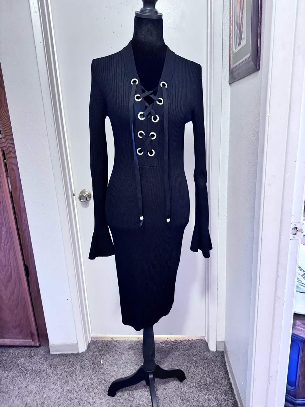 Michael Kors Black Ribbed Lace-Up Long Sleeve Midi Dress
